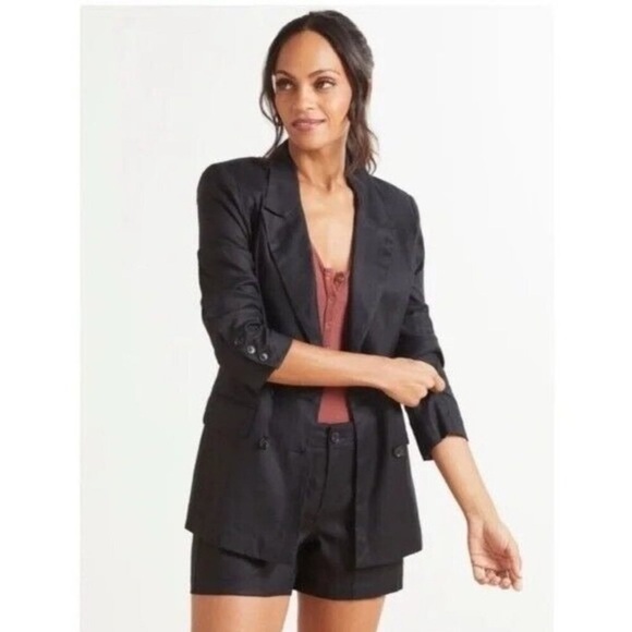 Evereve Jackets & Blazers - Evereve Alexa Black Double Breasted Linen Blend Blazer